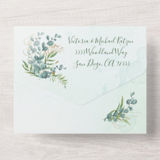 Eucalyptus en Gold Fern Botanical Wedding All In One Uitnodiging (Achterkant)