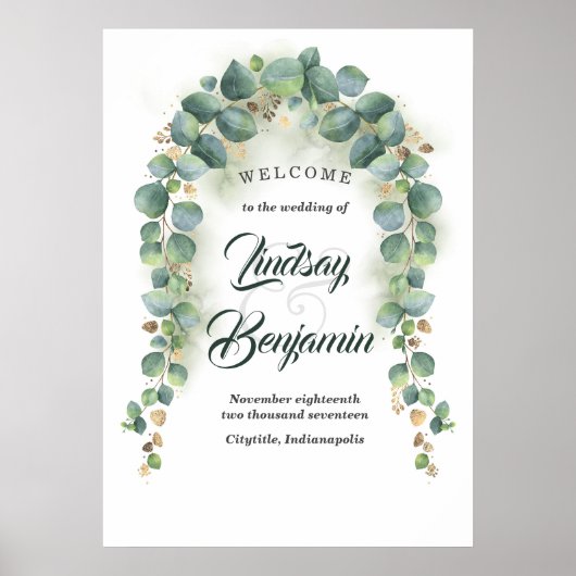 Eucalyptus en Gold Greenery Wedding Welcome Sign Poster (Voorkant)