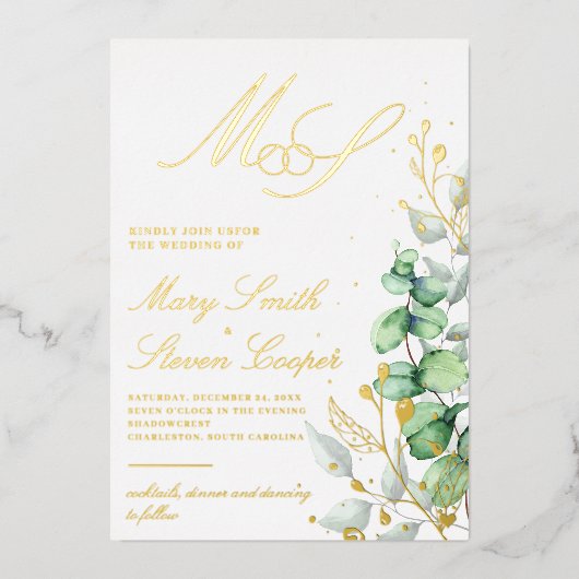 Eucalyptus en goud Bruiloft Folie Uitnodiging (Voorkant)