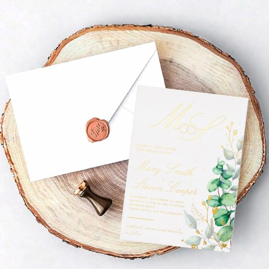 Eucalyptus en goud Bruiloft Folie Uitnodiging