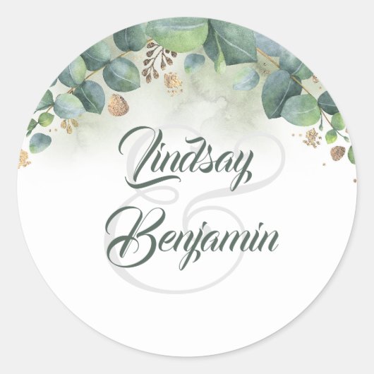 Eucalyptus en Goud - Groen Garland Bruiloft Ronde Sticker (Voorkant)