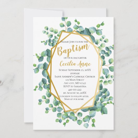 Eucalyptus en Goud Lijst Groene Bloemendoop Kaart (Voorkant)