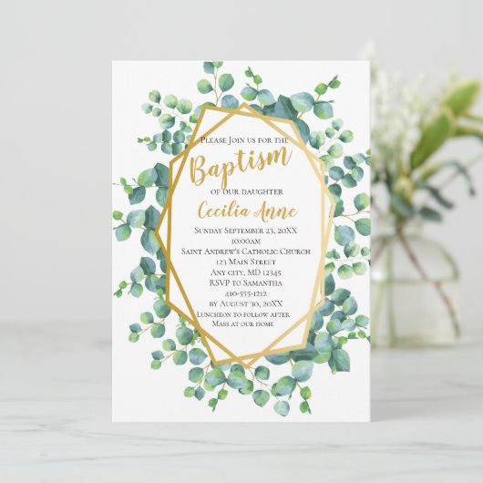 Eucalyptus en Goud Lijst Groene Bloemendoop Kaart (Staand voorkant)