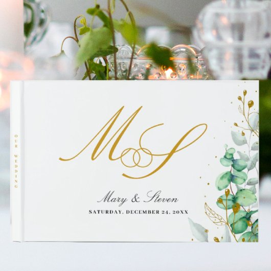 Eucalyptus en goud Monogram Bruiloft Gastenboek