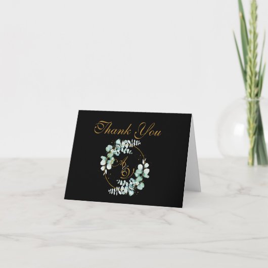 Eucalyptus en goud op een zwarte gepersonaliseerde bedankkaart (Voorkant)