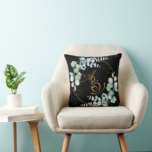 Eucalyptus en goud op een zwarte gepersonaliseerde kussen (Stoel)