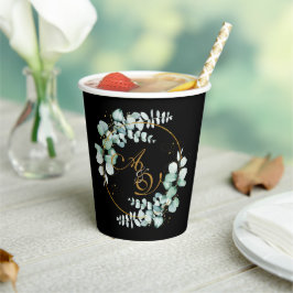 Eucalyptus en goud op een zwarte gepersonaliseerde papieren bekers