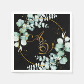 Eucalyptus en goud op een zwarte gepersonaliseerde servet (Voorkant)