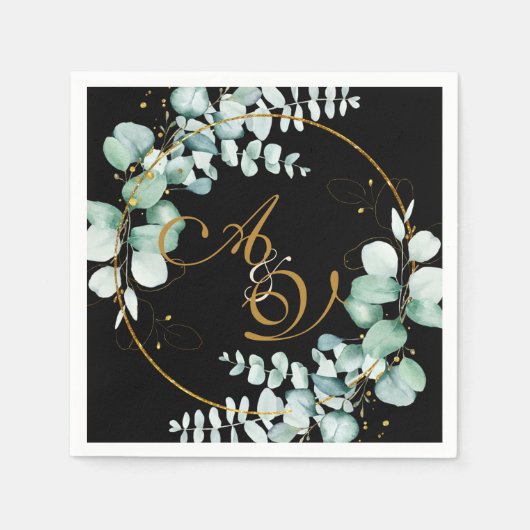 Eucalyptus en goud op een zwarte gepersonaliseerde servet (Voorkant)
