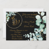 Eucalyptus en goud op zwarte uitnodiging (Voorkant)