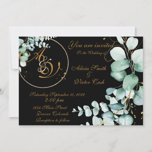 Eucalyptus en goud op zwarte uitnodiging (Voorkant)