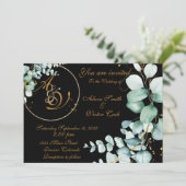 Eucalyptus en goud op zwarte uitnodiging (Staand voorkant)
