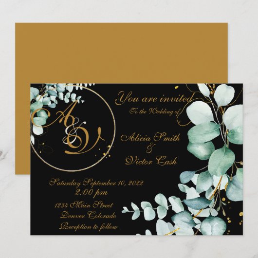 Eucalyptus en goud op zwarte uitnodiging (Voorkant / Achterkant)