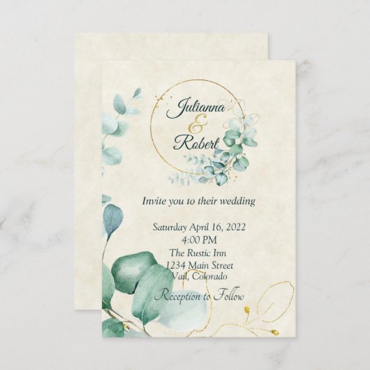 Eucalyptus en goudbruiloft kaart (Voorkant / Achterkant)