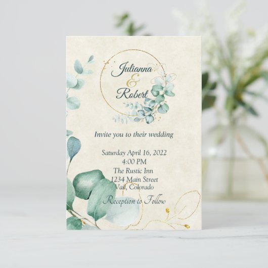 Eucalyptus en gouden budget bruiloft kaart (Staand voorkant)