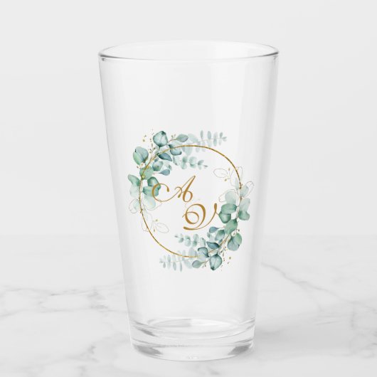 Eucalyptus en gouden gepersonaliseerde bruiloft glas (Voorkant)