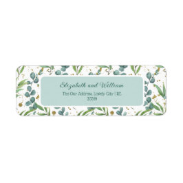 Eucalyptus en gouden glitter bruiloft retour adres etiket