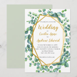 Eucalyptus en gouden groene bloemen bruiloft kaart