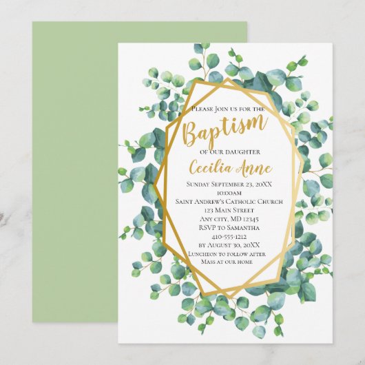 Eucalyptus en gouden groene bloemendoop kaart (Voorkant / Achterkant)