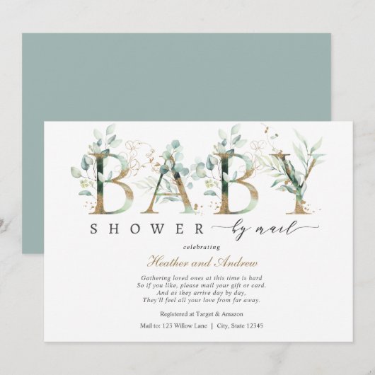 Eucalyptus en Gouden Letters Baby Shower per Post Kaart (Voorkant / Achterkant)