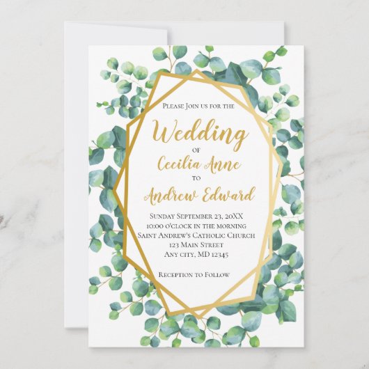 Eucalyptus en gouden Lijst Groene Floral Wedden Kaart (Voorkant)