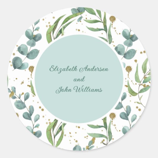 Eucalyptus en gouden paar bruiloft ronde sticker (Voorkant)