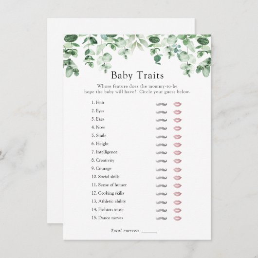 Eucalyptus en Greenery Baby Traits Shower Game Kaart (Voorkant / Achterkant)