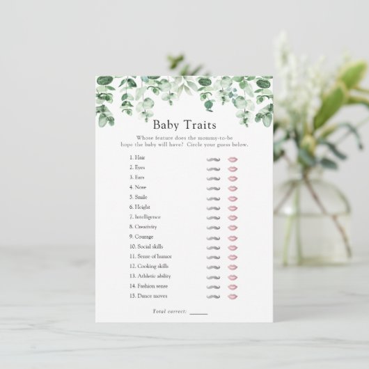 Eucalyptus en Greenery Baby Traits Shower Game Kaart (Staand voorkant)