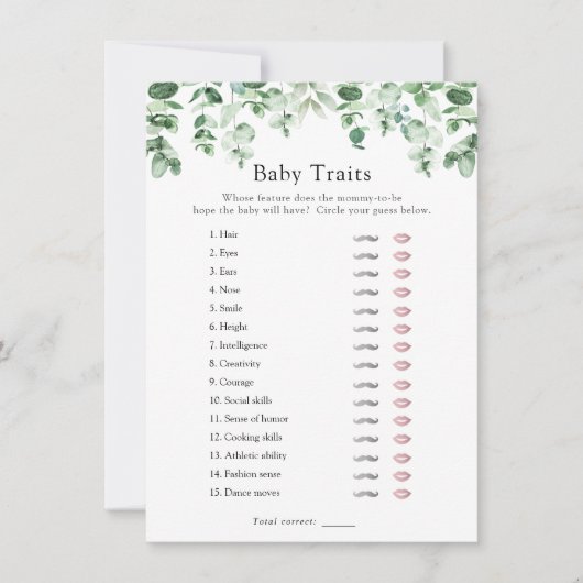 Eucalyptus en Greenery Baby Traits Shower Game Kaart (Voorkant)