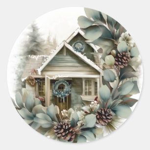 Eucalyptus en grenen landelijke kerstcottage ronde sticker