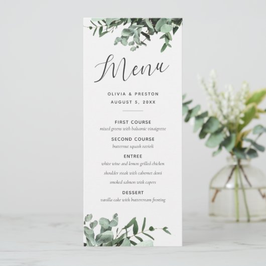 Eucalyptus en groen Waterverf Bruiloft Menu (Staand voorkant)