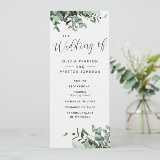 Eucalyptus en groen Waterverf bruiloft programma Programmakaart (Staand voorkant)
