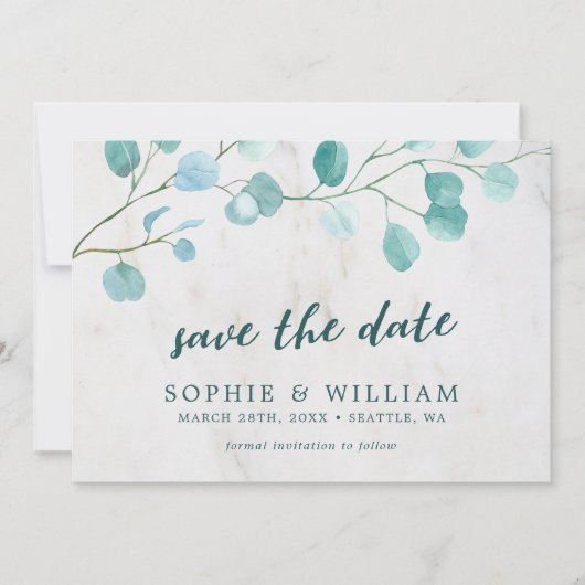 Eucalyptus en marmer Save the Date Kaart (Voorkant)