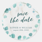 Eucalyptus en marmer Sla de datum op Ronde Sticker (Voorkant)