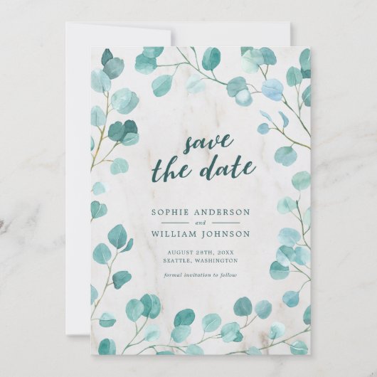 Eucalyptus en marmer Sla de datum op Save The Date (Voorkant)