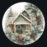 Eucalyptus en Pine Country Christmas Cottage Ronde Sticker<br><div class="desc">Een rustieke elegante eucalyptustak en dennenboekingen met pinecones omringen dit landelijke kersthuisje. Voeg een vleugje warmte en natuur toe aan je cadeauverpakking.</div>