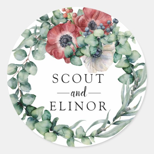 Eucalyptus en Rode Bloemen bruiloft gunst Ronde Sticker (Voorkant)