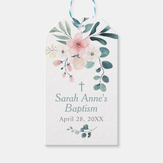 Eucalyptus en Roze Bloem Doopfeest Cadeaulabel (Voorkant)
