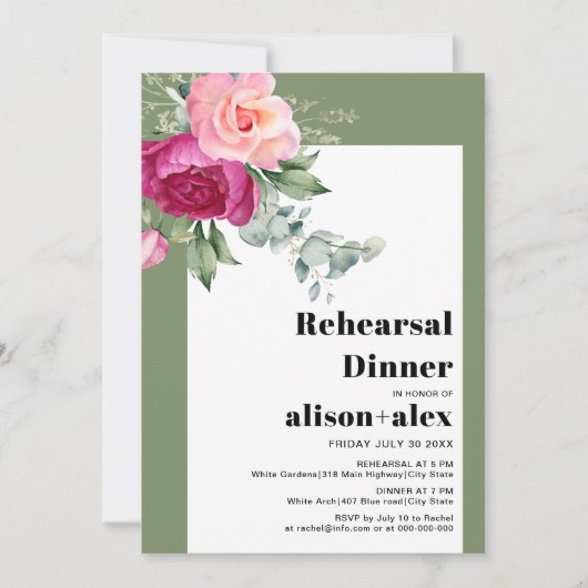 Eucalyptus en roze rozen bruiloft repetitie diner kaart (Voorkant)