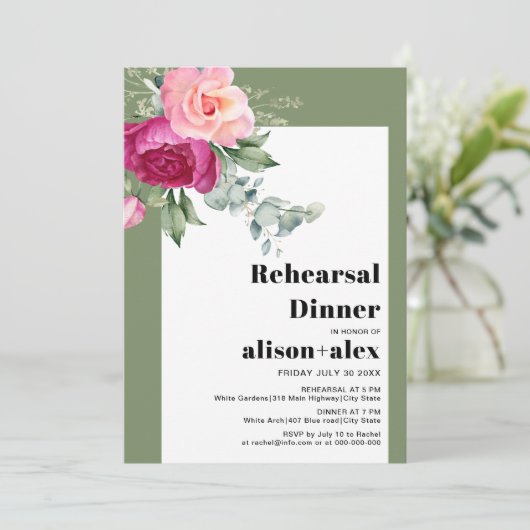 Eucalyptus en roze rozen bruiloft repetitie diner kaart (Staand voorkant)