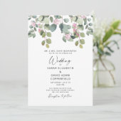 Eucalyptus en roze rozenbruiloft kaart (Staand voorkant)