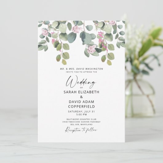 Eucalyptus en roze rozenbruiloft kaart (Staand voorkant)