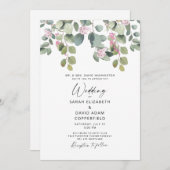 Eucalyptus en roze rozenbruiloft kaart (Voorkant / Achterkant)