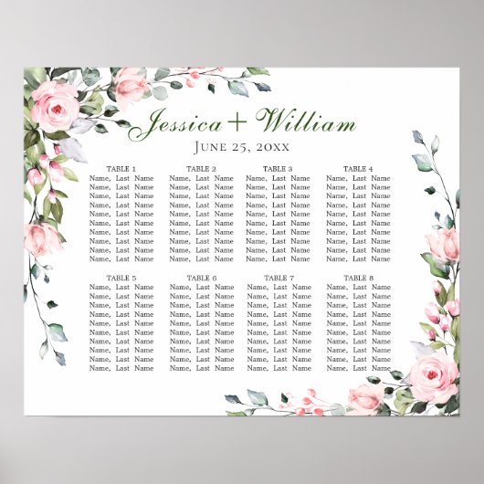 Eucalyptus en Rozen 8 Tables WeddenschapskART Poster (Voorkant)