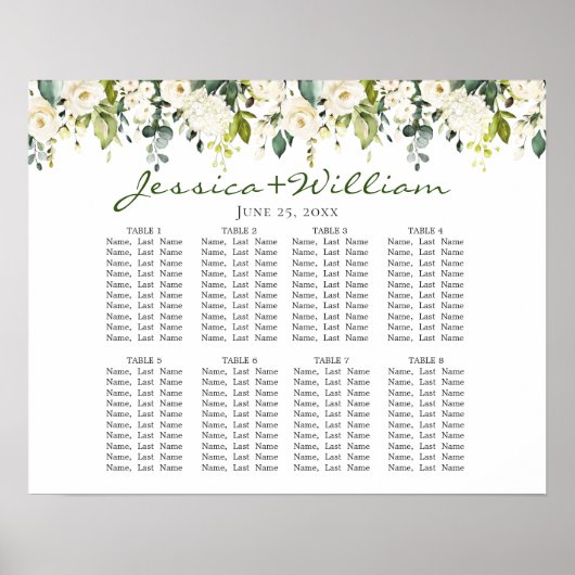 Eucalyptus en Rozen 8 Tables WeddenschapskART Poster (Voorkant)