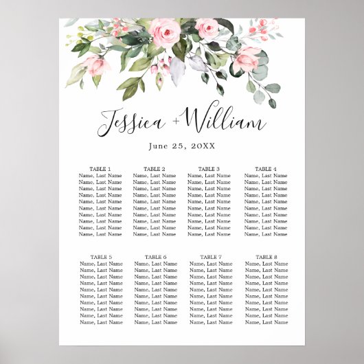 Eucalyptus en Rozen 8 Tables WeddenschapskART Poster (Voorkant)