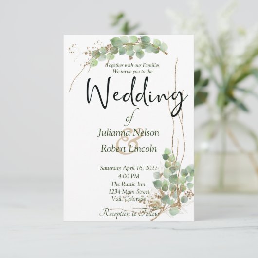 Eucalyptus en uitnodiging voor goudbruiloft (Staand voorkant)