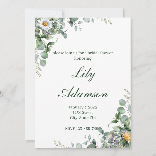 Eucalyptus en Wildflower Bruidsshower Uitnodiging (Voorkant)