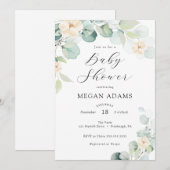 Eucalyptus en witte bloemen Baby shower Invitatio Kaart (Voorkant / Achterkant)