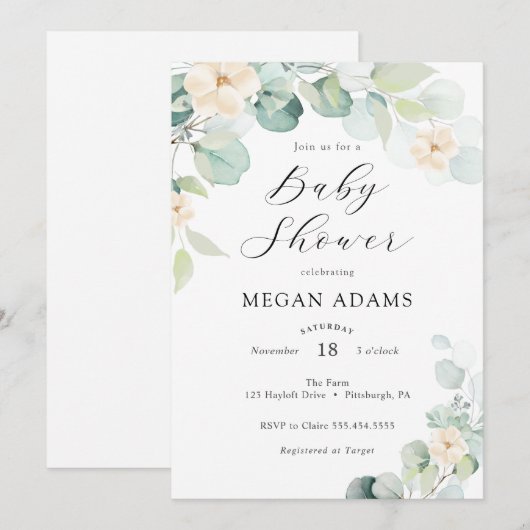 Eucalyptus en witte bloemen Baby shower Invitatio Kaart (Voorkant / Achterkant)